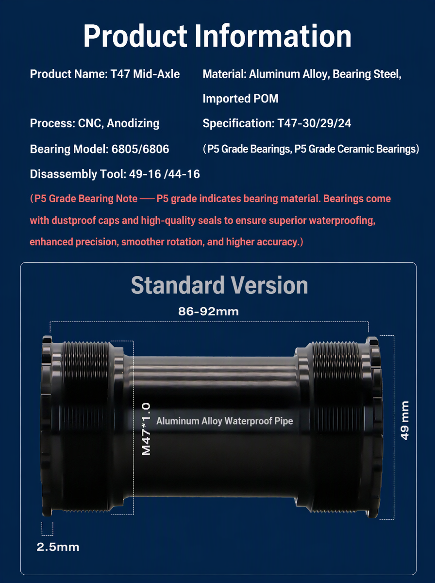 T47 Thread in Bicycle Bottom Bracket Ceramic Bearing CNC Anodized Aluminum Alloy Housing for Hollow Crankset Threaded Bike BB